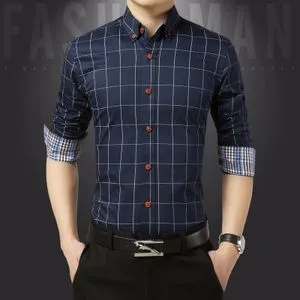 Fashion Cotton Slim Fit Check Shirts Men Plaid Business Formal Shirts