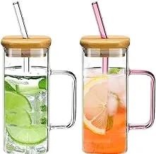 KHOLAD Glass Tumbler with Wooden Lid & Straw 400ml, Glass Cup with Colored Handle Pack of 1, Iced Tea & Coffee Mugs for Straw and Direct Drinking, Travel Sipper Bottle for Juice, Cocktail, Smoothie