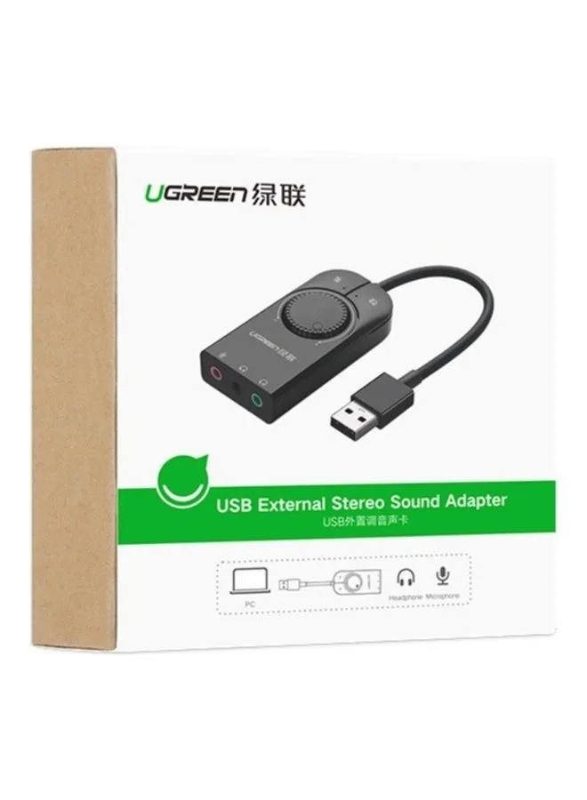 بطاقة صوت ستيريو خارجية بمحول صوت USB من Ugreen مع سماعة رأس مقاس 3.5 ملم ومقبس ميكروفون وعناصر تحكم في مستوى الصوت باللون الأسود