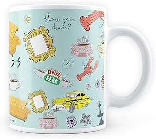 MCSID RAZZ Friends TV Series Infographic Ceramic Coffee Mug with Coaster - 350ml (Pastel Green)