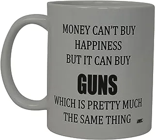 Rogue River Tactical Best Funny Novelty Coffee Mug - Money Can't Buy Happiness but It Can Buy Guns Cup for Hunting Men, 11 Oz, White