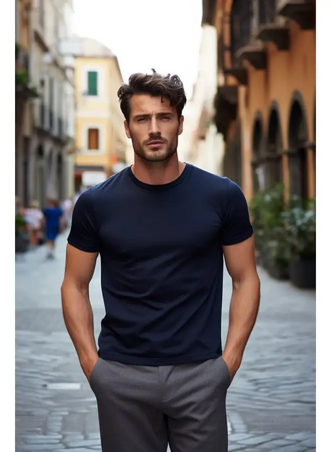 trendyol Navy Blue Men's Basic Slim Crew Neck Short Sleeve 100% Cotton T-Shirt TMNSS19BO0001