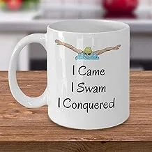 JASOODL Funny Mugs with Handle Funny Swimming coffee mug - I came I swam I Conquered - Inspirational swim practice gift - swimmer coach gifts - sport lover swim athlete 11 Oz, White