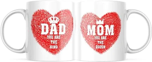 كوب PUREZENTO Dad You are The King Mom You are The Queen كوب سيراميك للقهوة والشاي/الحليب بمقبض للمطبخ المنزلي وهدية مثالية (350 مل، عبوة من قطعة واحدة)