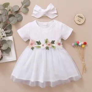 Fashion Baby Girls Spring Summer White Dresses Short Sleeves Embroidery Flowers Tulle Dress With Headband