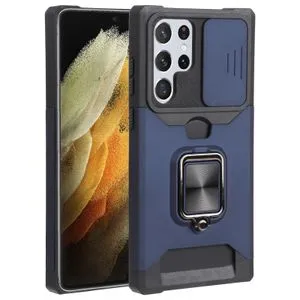 For Samsung Galaxy S22 Ultra 5G Sliding Camera Cover Design PC + TPU Shockproof Phone Case With Ring Holder & Card Slot(Blue)