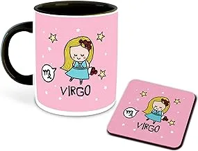 DecorVecor - Zodiac Inspired Virgo Printed Black Inner Colour Ceramic Coffee Mug with Coaster | Drink | Milk Cup - Best Gift | Zodiac, Virgo, Horoscope (Multi 4)