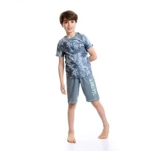 Red Cotton Boys Palm Tree Tee & Shorts Pajama Set