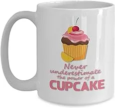 Mothers Day Coffee Mug, Funny Coffee Mug, Printed Tea Mug, Never Underestimate The Power of a Cupcake, Cup For Mothers Day, Dishwasher & Microwave safe Ceramic Cup, Ideal For Gifting - 15 oz, White