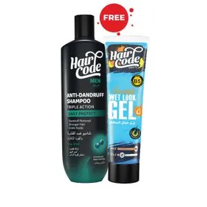 Hair Code Anti-Dandruff Shampoo with Whey Protein Triple Action for Daily Protection For Men - 340 ml <br />
+ Wet Look Hair Gel Tube - 100ml