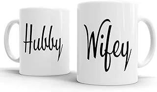 Gift Original Hubby and Wifey Mug Set - Set of 2 11oz White Glossy Ceramic Mugs - Dishwasher and Microwave Safe