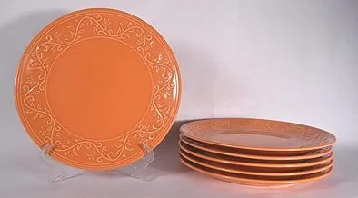 KUTAHYA 6Pcs Dinnerware Set Round Flat Plate, NATUTRAL CERAMIC 25 cm - Flower Orange (IVY91)