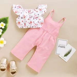 Fashion Kids Girls Outfit Set INS Fashion Floral Tank Tops + Bib Pants -Pink