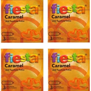 Fiesta Caramel Condoms - Dotted & Flavored - 4 Packs Of 3 Condroms