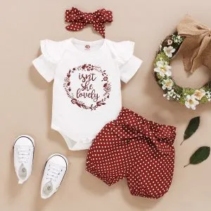 Fashion Newborn Baby Girls Outfit Letter Print Short Sleeve Bodysuit + Red Polka Dot Shorts + Headband