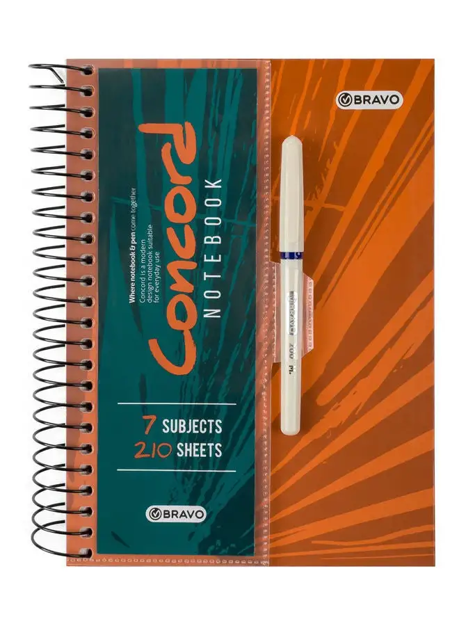 Bravo Bravo Concord Spiral Notebook with Free pen - 7 Subjects - 210 Sheets - A5 Size - Orange