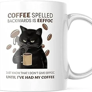 Funny Coffee Cat Mug EEFFOC Is Coffee Spelled Backwards. 11 OZ Cute Cup M747, White