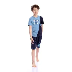 Red Cotton Boys Summer Cotton Tee & Shorts Pajama Set - Baby Blue & Navy Blue