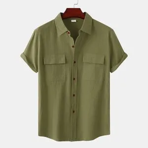 Fashion (Army Green)Double Pocket Cotton Linen Shirt Men 2022 Summer Short Sleeve Casual Button Down Shirts Mens Beach Holiday Breathable Camisas SMA