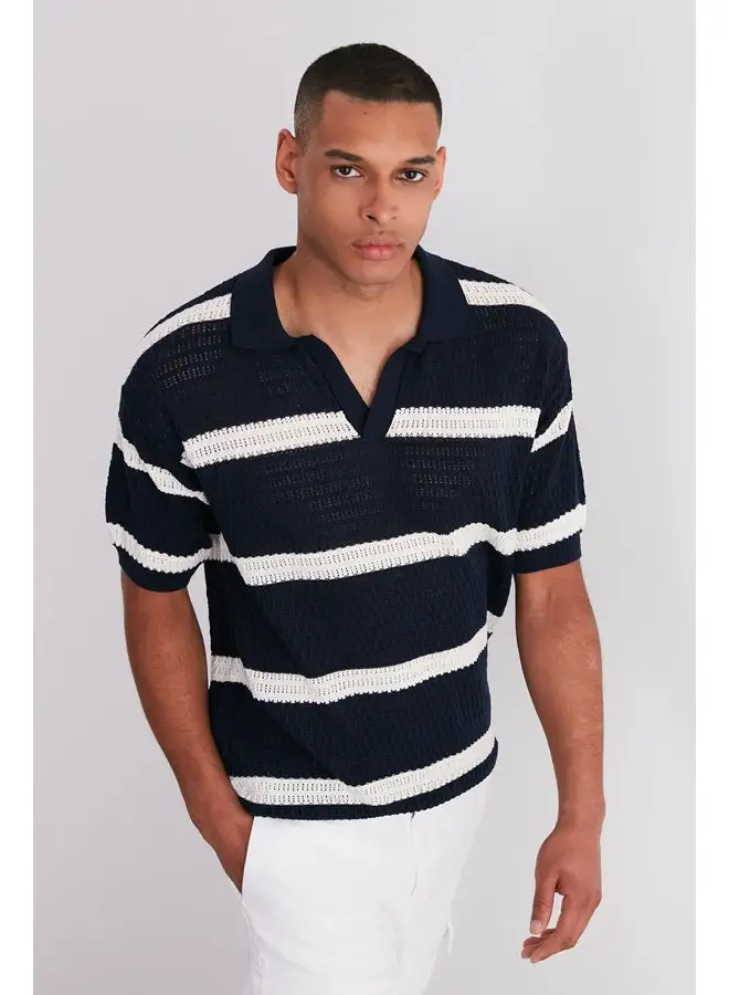 trendyol Navy Blue Men's Regular Fit Striped Leakage Pat Limited Edition Knitwear Polo Collar T-Shirt