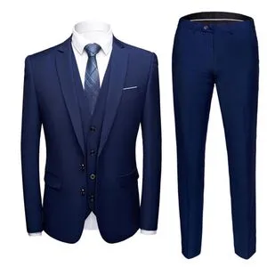 Fashion Great Formal Suit Long Sleeve Two Ons Pockets Long Pants Sleeveless Waistcoat Set Navy Blue