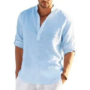 Fashion Men's Linen Long Sleeve Cotton Shirt Solid Casual - Blue