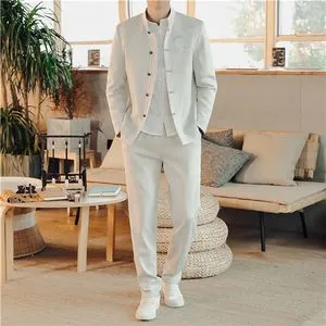 Fashion (Creamy-white)Chinese Style Men Business Party Dress 2piece Fashion Stand-up Collar Embroidery Wedding Banquet Sets Size 5XL-S MAA