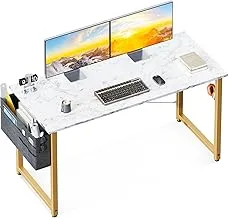 ODK 48 inch Computer Desk, Writing Desk Home Office Desk PC Study Table, Work Desk with Storage Bag and Headphone Hook, White Marble + Gold Leg