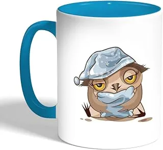 Printed Coffee Mug, Turquoise Color, Cartoon Drawings - Owl (Ceramic)