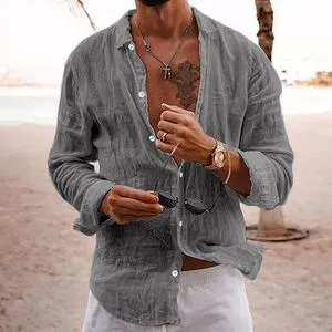 Fashion (MMCX-Grey)2023 NEW Men's 100%Cotton Linen Long-Sleeved Shirts Solid Color Turn-down Collar Casual Beach Style Plus Size Spring And Autumn SMA