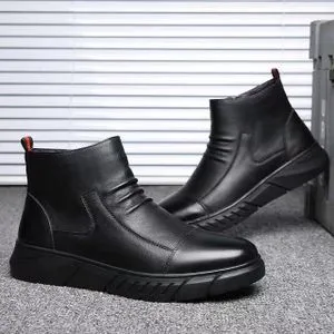 Fashion Business Chelsea Boots Mens Winter Ankle Boots Men Leather Zipper Side Thick-Black