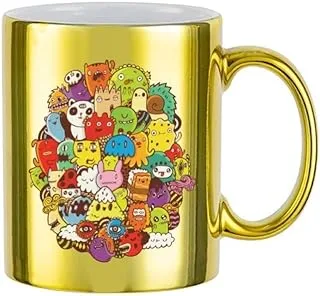 MEC - Colored Doodle Of Cartoon Characters - Luxurious Golden Coffee Mug, Ceramic Coffee Mug for Drinking Coffee, 11oz Coffee Tea Cup