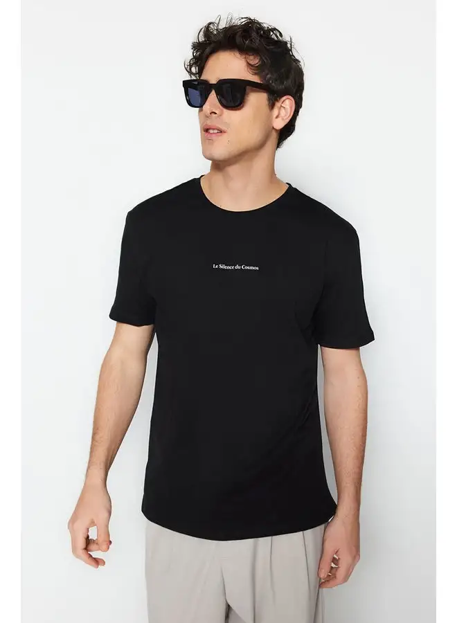 trendyol Black Men's Regular Cut  Minimal Text Printed T-Shirt