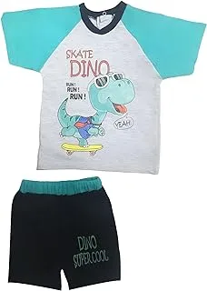 Lumex Cotton Pajama Set Of 2 Pieces Half Sleeves T-Shirt&Short Printed Skate Dino For Boys-Multicolor-12-18Month