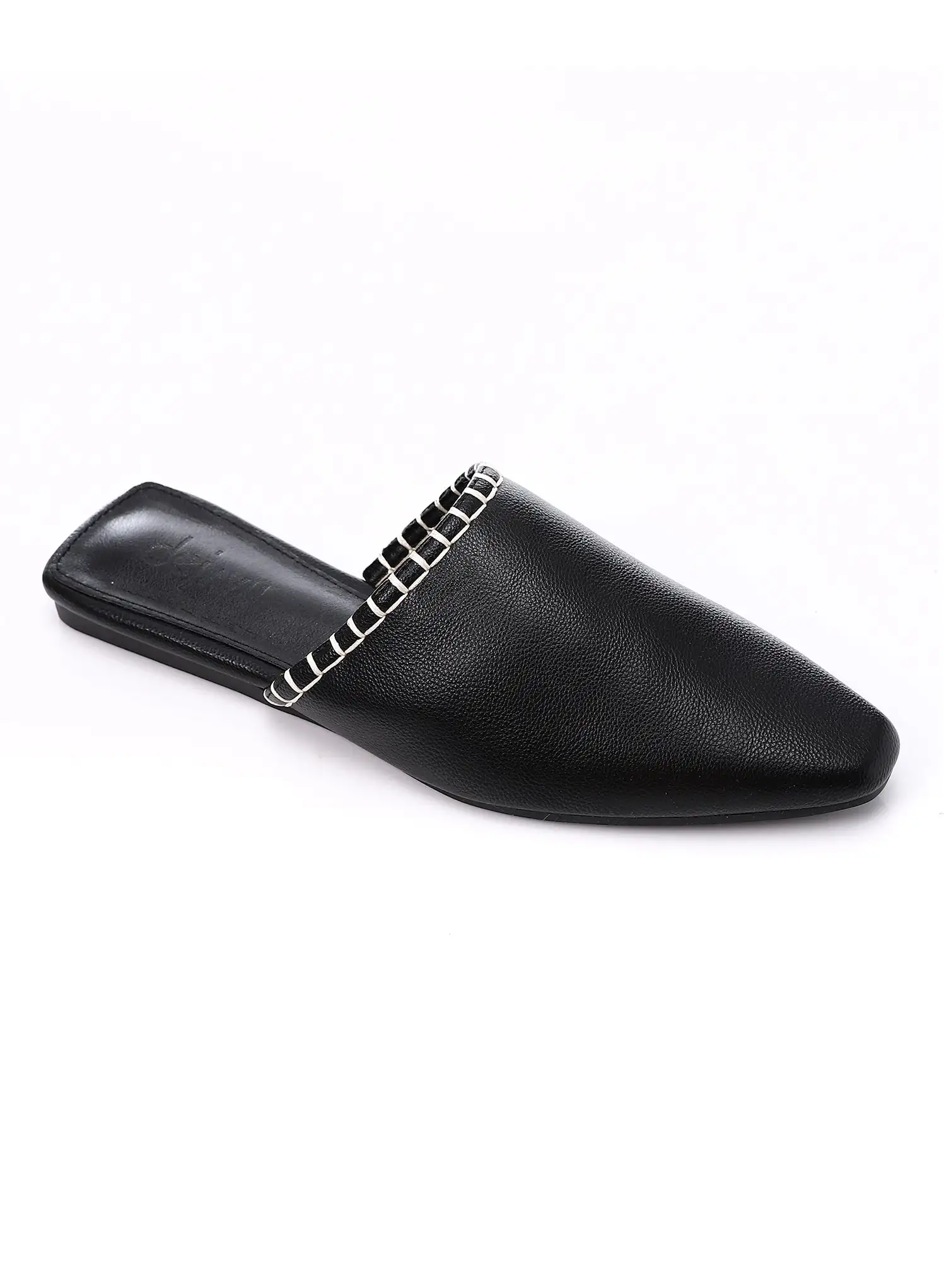 DejaVu Textured Leather Slip On Black Flat Mules