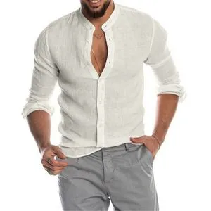 Fashion (white)2023 New Spring Men's Fashion Casual Shirt Button Linen Cotton Comfortable Daily Tops Long Sleeve Shirt SMA