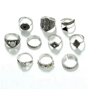 10 Pcs/Set Fashion Leaf Geometric Ring Set Vintage Crystal