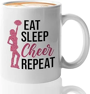 Bubble Hugs Cheerleading Coffee Mug 11oz White - Eat Sleep Cheer Repeat - Cheers Cheerleading Sports Supporter Cheering Encouraging Rugby Soccer Football