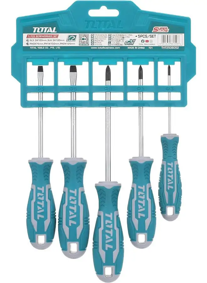 TOTAL Regular And Steel Screwdriver Set 5 Piece , Rubber Handle