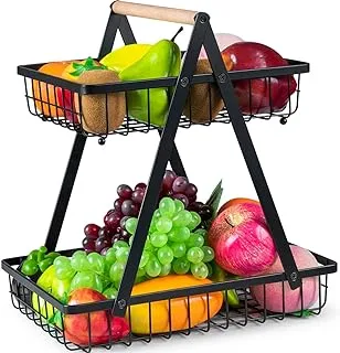 BUSKYI 2-Tier Fruit Basket for Kitchen - Countertop Fruit and Vegetable Storage Fruit Bowl with Banana Hanger , Black