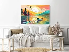 Colorful illustration boat lake with sunset and birds Printed Canvas wall art 120x80