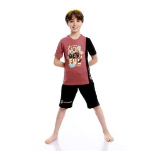 Red Cotton Boys Bi-Tone Patterned Tee & Cotton Shorts Pajama Set