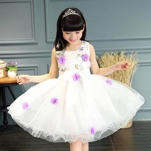 Fashion Girls Lace Flower Sleeveless Dance Princess Dress - Purple