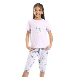 Red Cotton Girls Printed Ballerina Tee & Pants Pajama Set