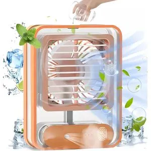 Fan USB Touch Rechargeable Acrylic- With 3 Speeds - LED Light- Water Spray- Orange