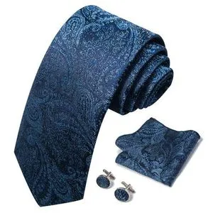 Tie Kerchief Cufflinks Set Mens Elegant Jacquard Tie for Weddings B