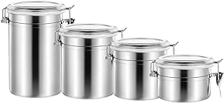 SIPLIV Set of 4 Stainless Steel Airtight Canister Set, Clear Acrylic Lid Coffee Sealable Jars with Locking Clamp, Food Storage Canisters for Beans, Cereal, Tea, Sugar, Flour - 4 inch