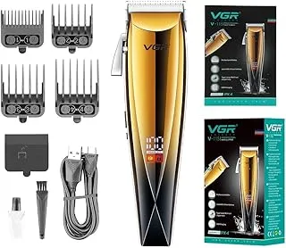 VGR V-115 Digital Display Professional Cordless Hair Clipper washable IPX-4 2000 mAh Lithium battery Turbo function USB charging cable 4 adjustable Taper Lever 4 attachable Guide combs Runtime 200 min