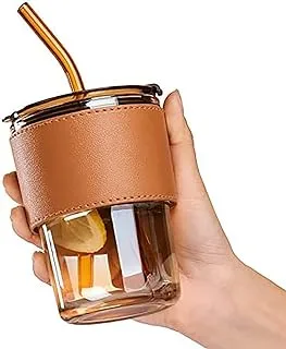 MEXONIC Leather Grip Coffee Cup Sipper Glass with Straw Mug with Straw Coffee Cup with Leather Grip, glass bottle with straw coffee sipper with straw sipper for adults juice glasses with lid and straw