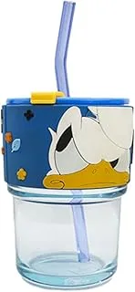 Generic Disney Glass Cup with Straw and Lid, 400 ml Capacity, Multicolour